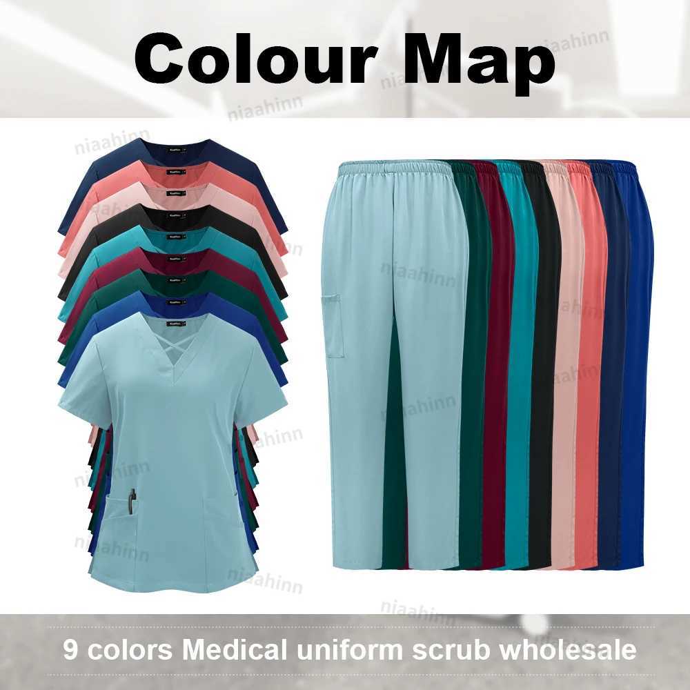 Niaahinn Medical Scrub Uniform Set Nursing Hospital Short Slves Top Pants Sets Nurse Uniform Fit Spandex Scrubs Suit X2505281