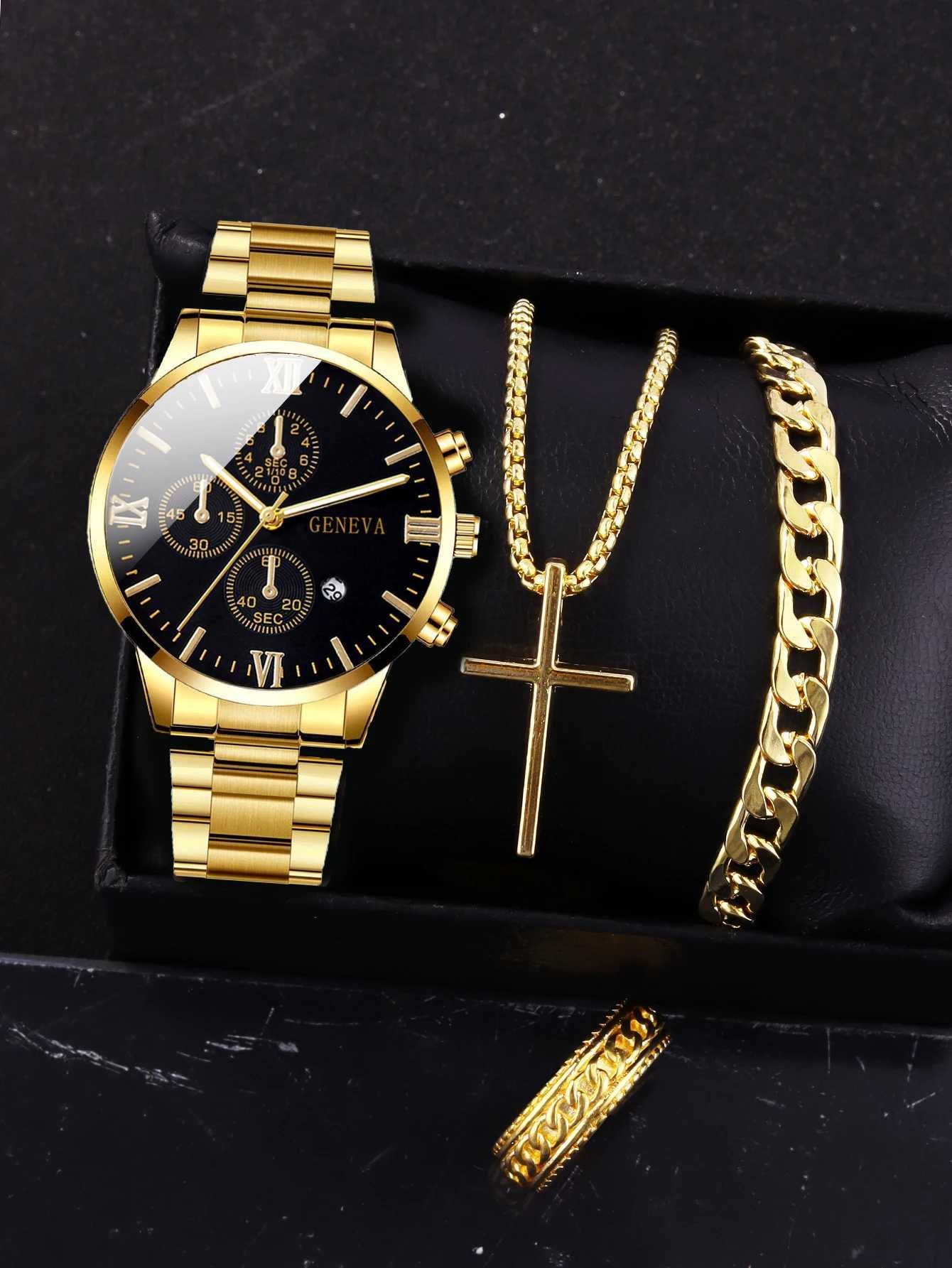 4pcs gold alloy Roman with calendar mens quartz watch and cross necklace bracelet ring set selected gift XJ250527