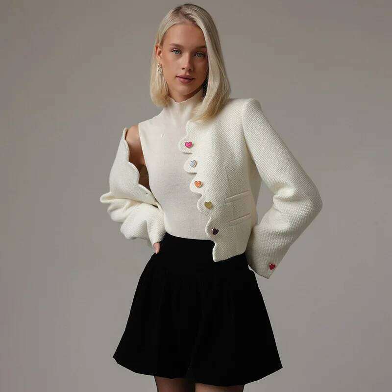 Chic Colorful Buttons Jacket For Women Fashion Solid Irregular Collar Long Sleeve Loose Coat Lady Fall Causal Commuter Wear