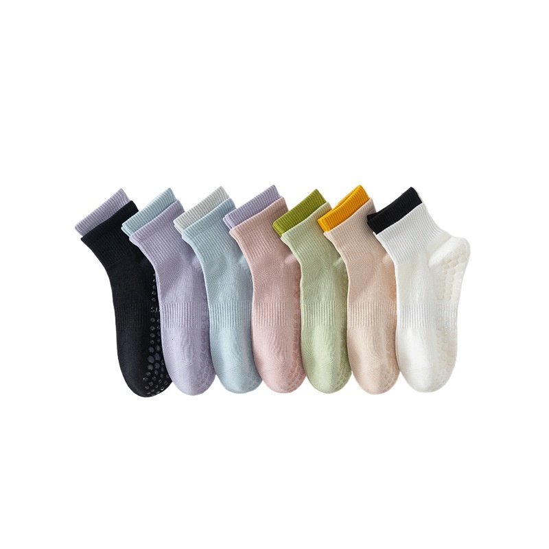 Yoga Women Mid-Calf Double Ruffle Color Block Sports Socks Non-Slip Training Fitness Running Pilates