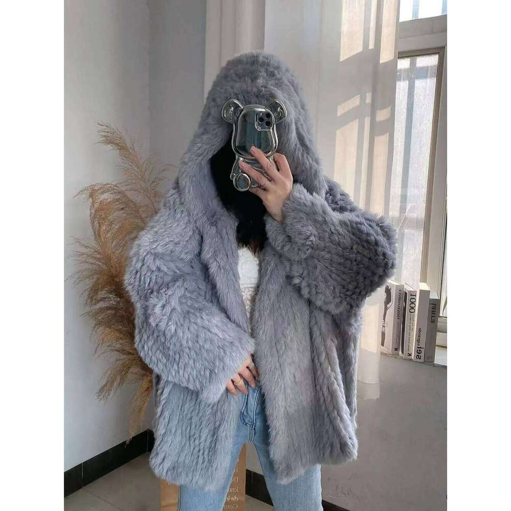 Genuine Rabbit Coat for Women Long Knitted Jacket Real Fur Fashionable Outerwear 70cm Length Autumn and Winter