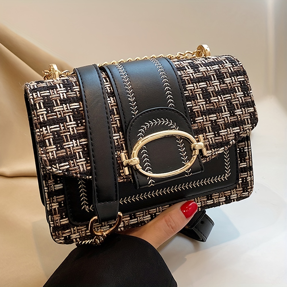 Mini Plaid Pattern Tweed Buckle Decorated Shoulder Square Bag, Chain Crossbody Flap Wallet, Suitable for Daily Use