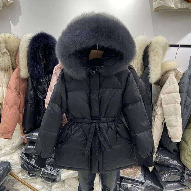 Winter Women's Down Jackets Ultra Light Warm Coat Female Jacket Woman With a Belt Hooded Parka Big Fur Collar Overcoat