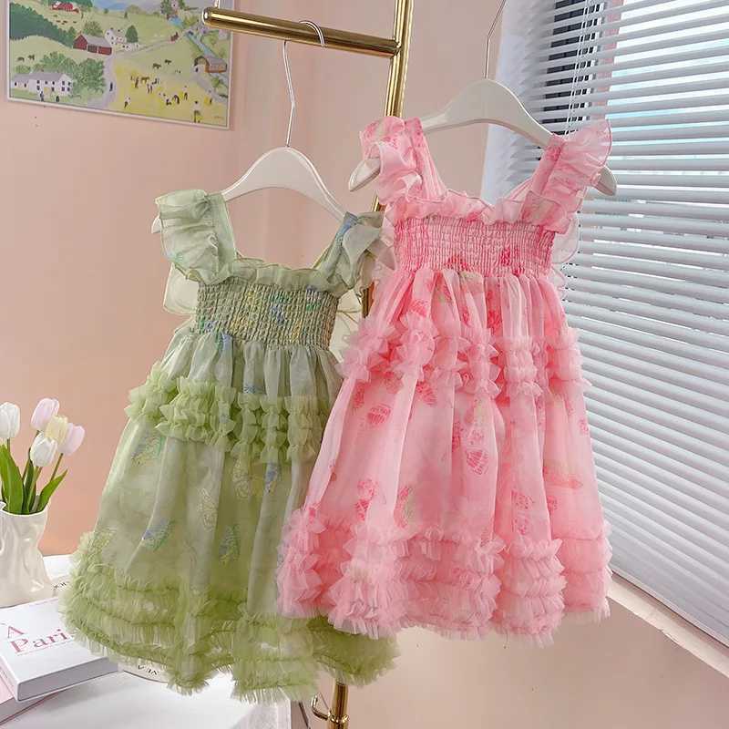 Summer Girl Pink Dress with Wing Elegant Princess Tutu Dresses Stretch Bust Full Printing Butterfly Fluffy Birthday Ball Gown X250528