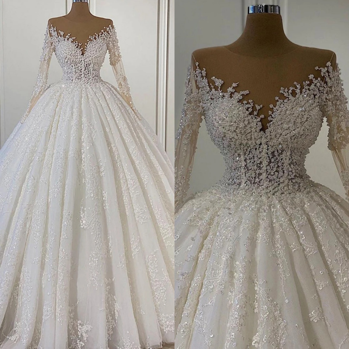 Illusion Ball Gown Wedding Dress Sheer Neck Long Sleeves Bridal Gowns Sequins Lace Sweep Train Dresses Customized vestidos de novia