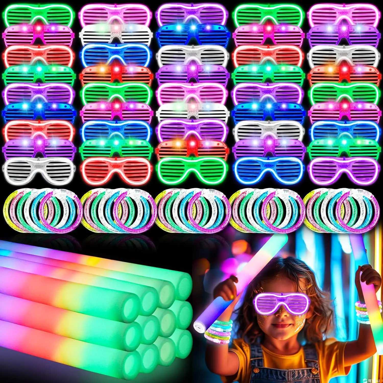 96Pcs Neon Glow Party Supplies Light Up Glasses Foam Sticks LED Bracelets for Birthdays Halloween Weddings Raves W250528