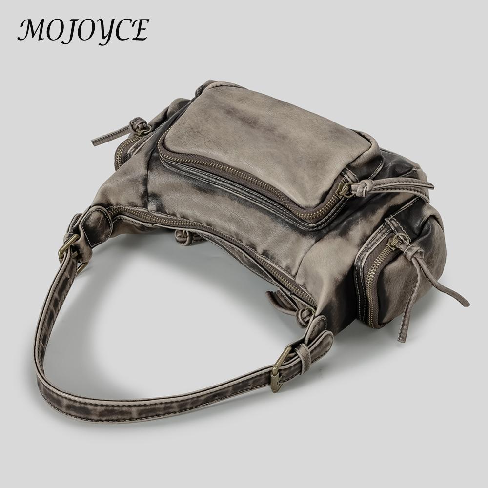 Women Y2K Underarm Bag Solid Color PU Locomotive Shoulder Bag Large Capacity Retro Tote Purse Multi-pockets for Party Vacation