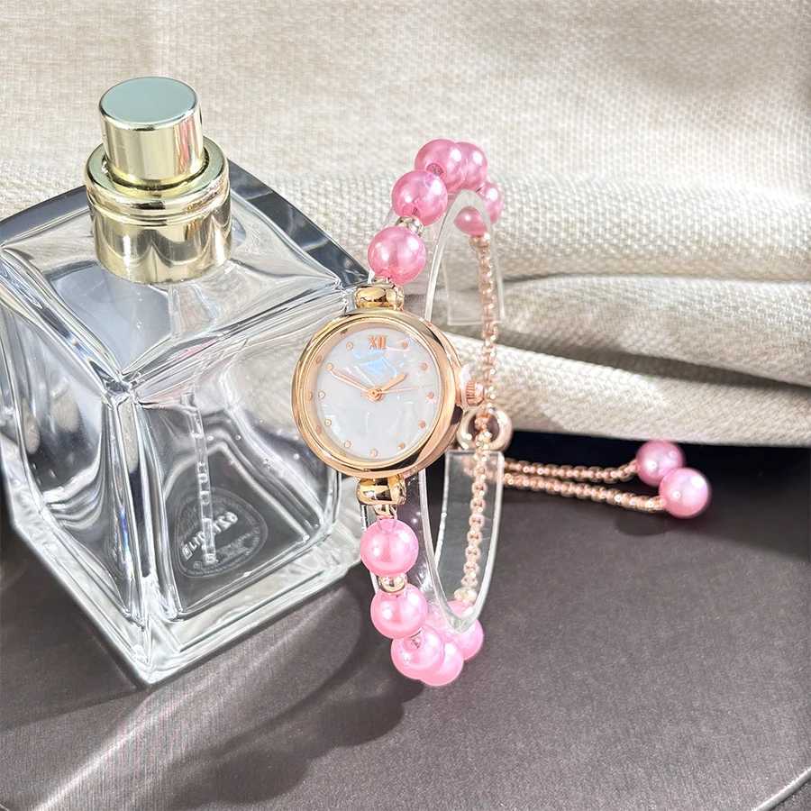Womens Beaded Pull-out Bracelet Alloy Rose Gold Case Premium Fritile-textured Dial Elegant Quartz Watch Suitable for Banquet XJ250527