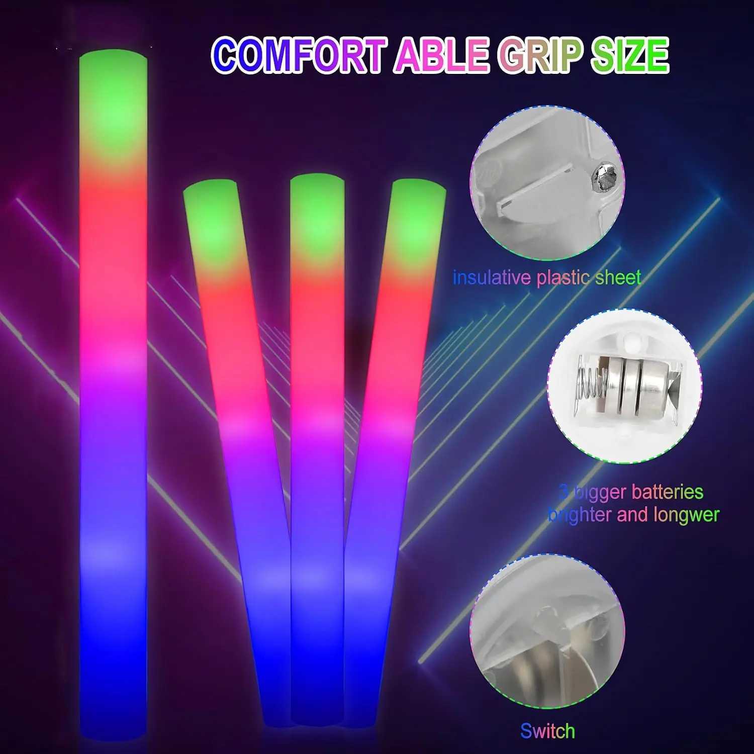 58Pcs Foam Glow Sticks Bulk LED Glow Sticks with 3 Colorful Flashing Modes Long Life Battery Glow In The Dark Party Supplies W250528