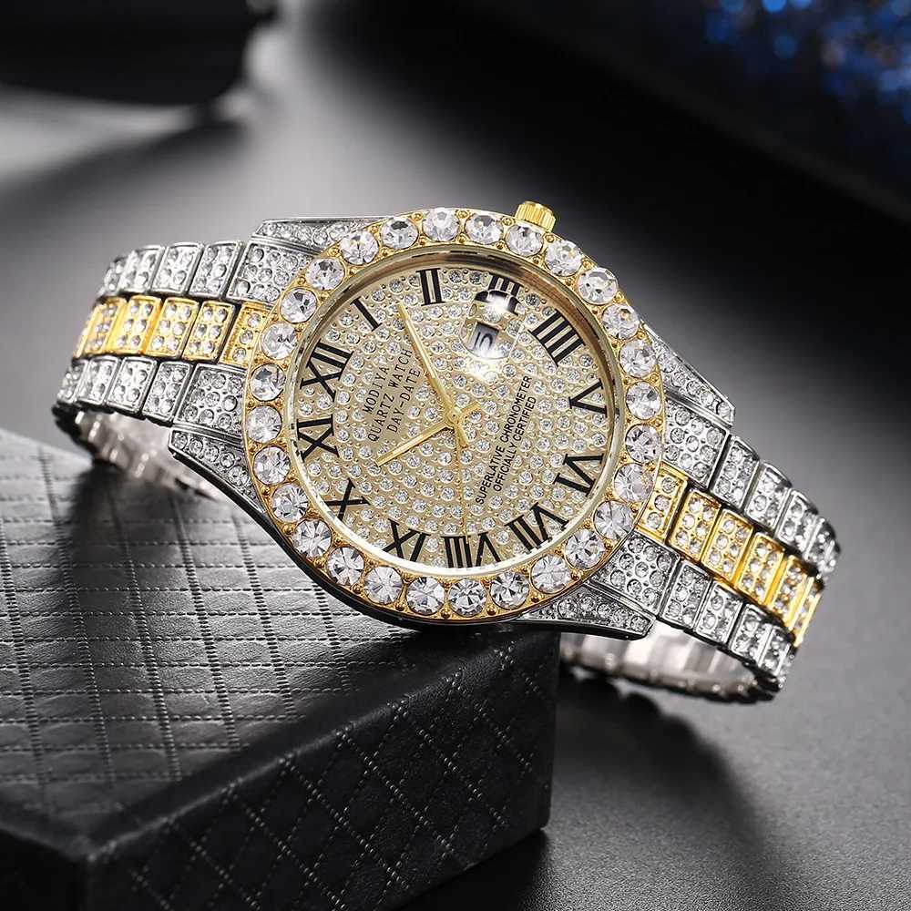 Luxury Classic Golden Mens Steel Strap Roman Scale Rhinestone Calendar Quartz Watch Fashion Male Wristwatch Relogio Masculino XJ250527