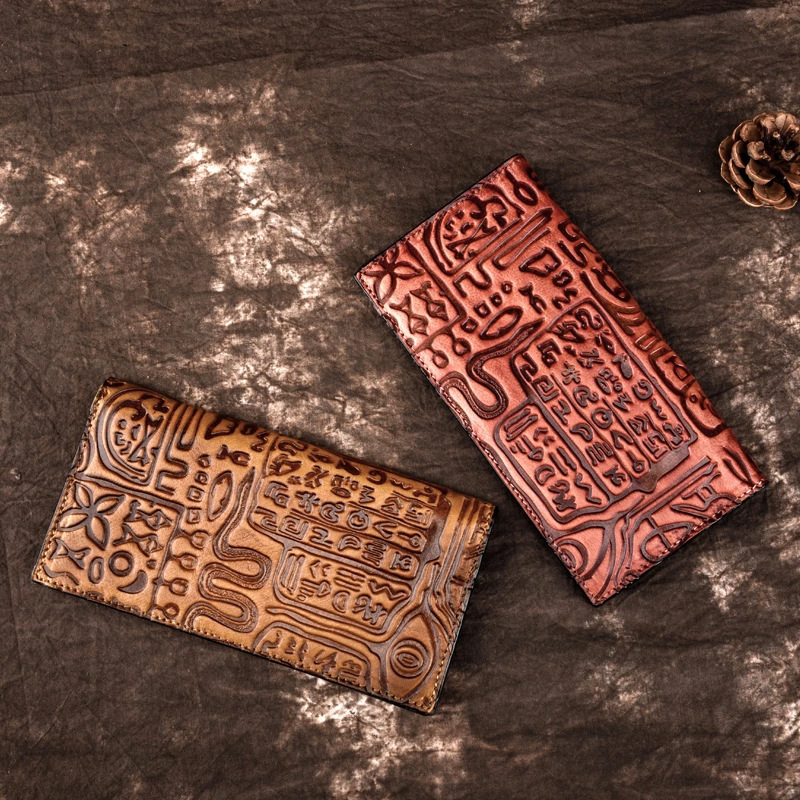 Free Shipping Leather Long Designer Wallet New Retro Oracle Bone Script Hand-held Bag Leather Top Layer European And American Fashion Card Bag Phone B