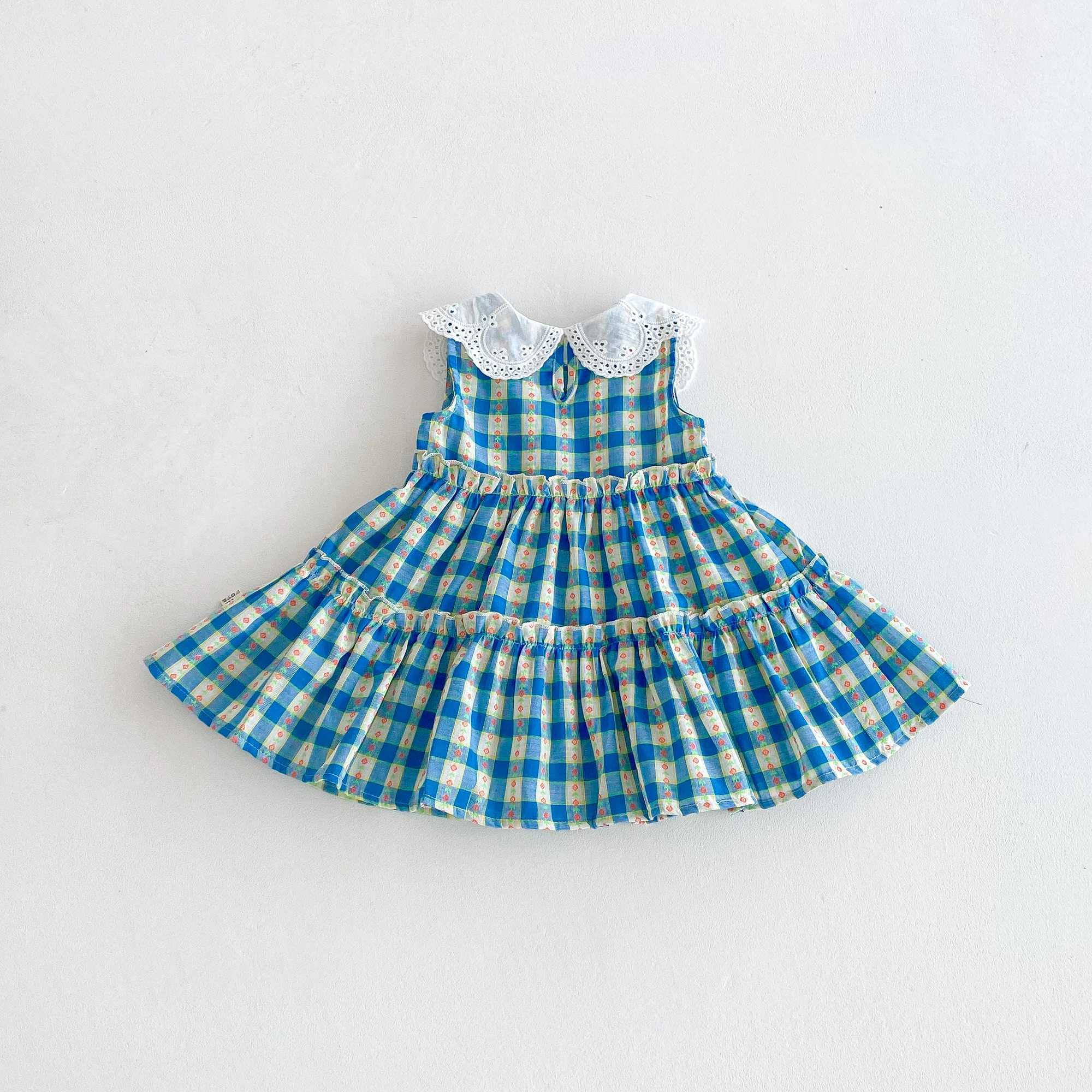 Summer girls dress sleeveless checkered lace lapel dress casual patchwork dress X250528