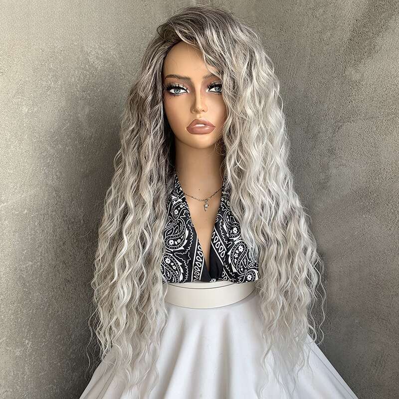 Women's wig New Latin Fashion Long Curly Hair Gradient Gray Natural Fluffy Synthetic Wig Cap 70Cm