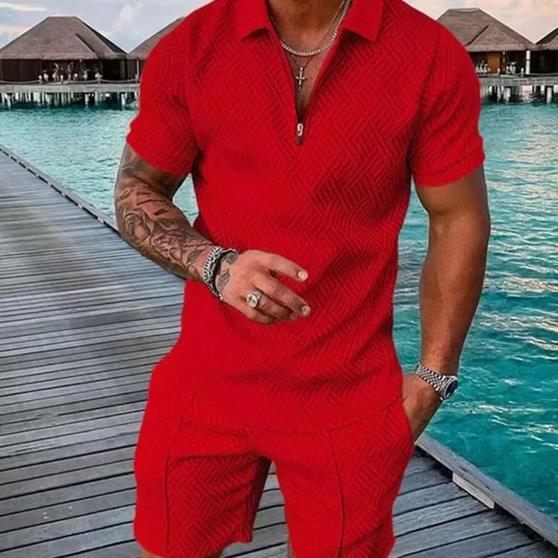 Hawaii Mens Polo Suit Fashion Men Casual Sets Solid Summer Vneck Zipper Short Sleeve POLO ShirtShorts Two Pieces 250522