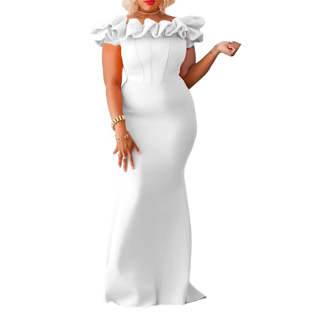 Plus size evening dresses 2025 new solid color long dresses fishtail dresses with ruffle trim slim fit skirts Elegant Evening Gowns for Women