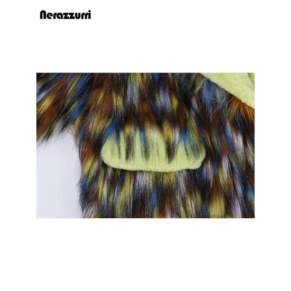Nerazzurri Winter Long Thick Warm Colorful Hairy Shaggy Patchwork Faux Fox Fur Coat Women Fluffy Furry Overcoat 2023