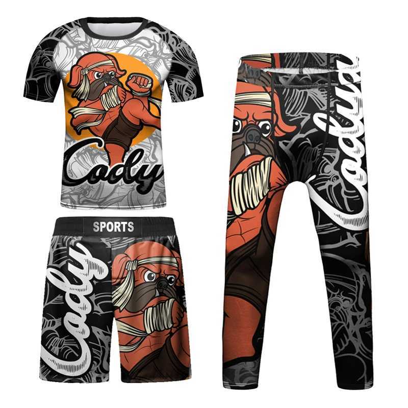 Kids Bjj Rashguard Jiu T-shirt+Pant KickBoxing Sets Boy Gym Children Muay Thai Shorts MMA Clothing Compression Tights X250528