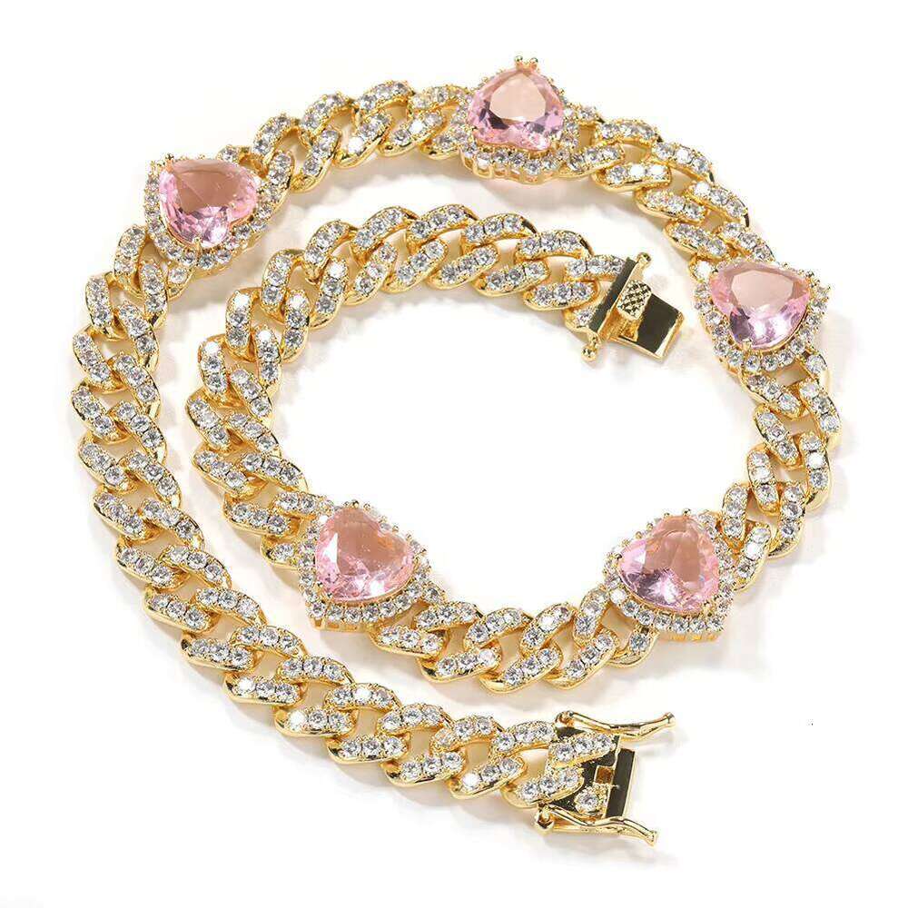 DHCollections Heart Pink Stone Cuban Chain Necklace and Bracelet Set Gold Iced Out HipHop Jewelry for Women