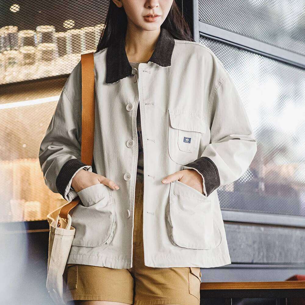 Maden Vintage Corduroy Patchwork for Women and Men Michigan Workwear Hunting Jacket Unisex Stand Collar Tops