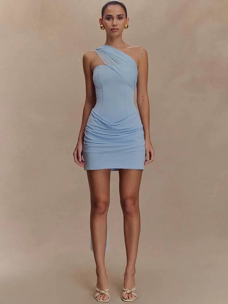 Mozision One Shoulder Sexy Mini Women Fashion Off-Shoulder Sleeveless Backless Draped Ruched Bodycon Club Dress