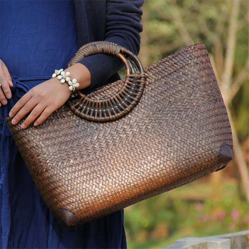 Straw Rattan Wooden Handle Retro Woven Bucket Large Vacation Beach Bag