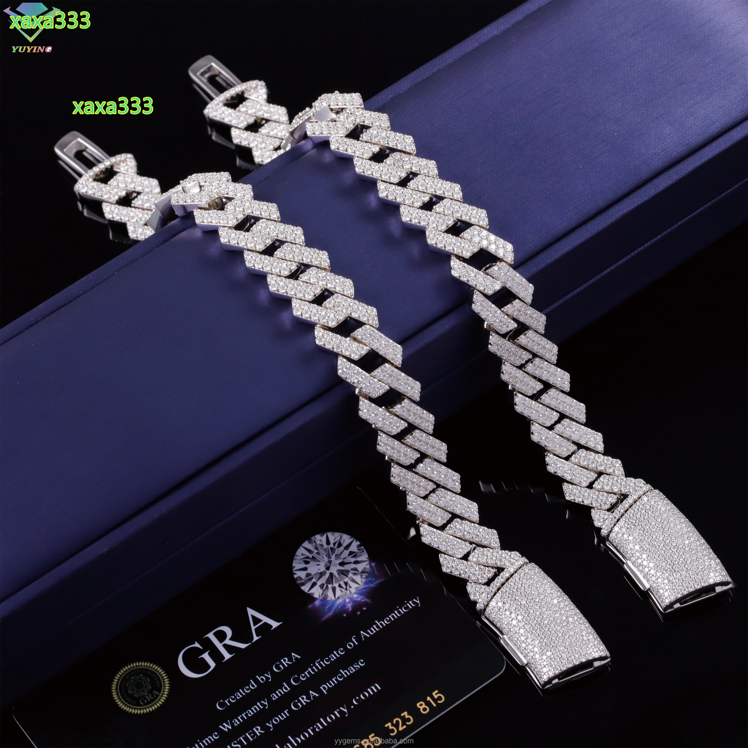 Luxury 14mm Moissanite Cuban Chain Iced Out 925 Silver 2 Rows White Gold Plated VVS Moissanite Cuban Link Chain Bracelet