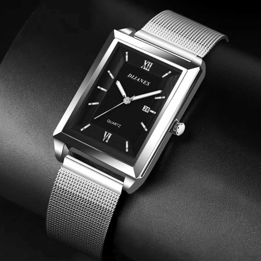 Top Brand Mens Watches Luxury Fashion Square Quartz Wrist Watch Waterproof Calendar Silver Gold Watch for Men Reloj HombreXJ250527