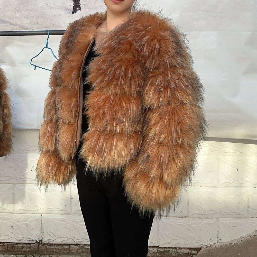 HOOOFUR Faux Women's Jacket Winter Fashion Warm Thick Fox Raccoon Leather Brown Plus Size Especially Fake Fur Cold Coat
