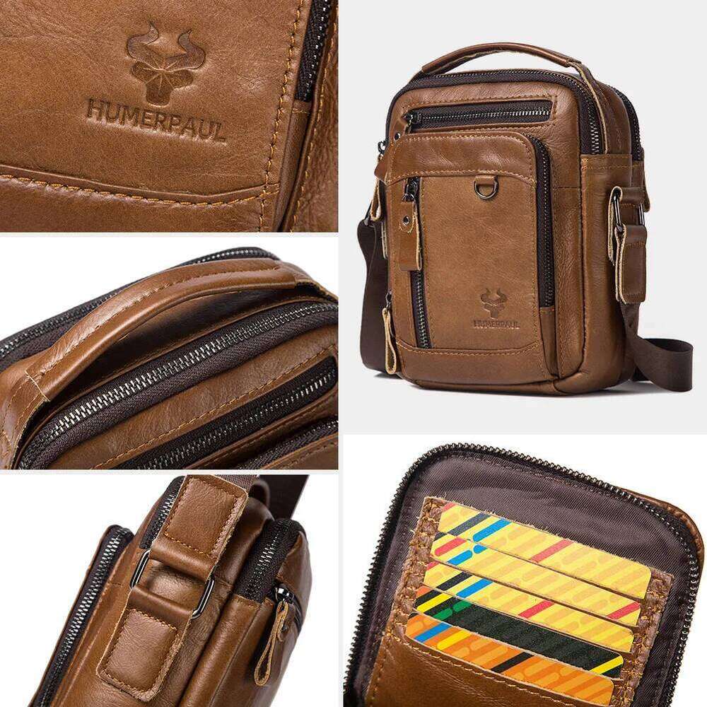 HUMERPAUL 100% Genuine Leather Men's Shoulder Messenger Bag Small Business Crossbody Handbag For Work Male Travel Sling Bolso