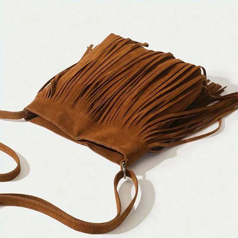 Brown Suede Elegant Crossbody with Adjustable Strap - Hand Washable, Solid Color, Buckle Closure, Polyester Lined, No Oil Edges Fringe Shoulder Bag