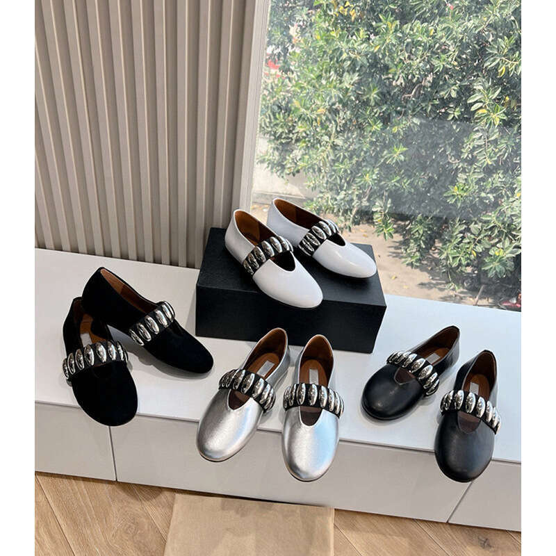 Sheepskin Version ~ Metal Buckle Elastic Band Flat Ballet for Women Summer Silver Genuine Leather Slip-On Mary Jane Shoes