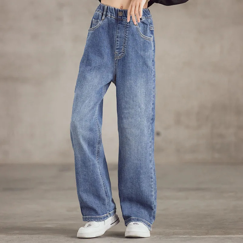 Spring Kids Jeans 39Y Cute Girls Solid Color Loose Wide Leg Pants Childrens Outwear Denim Trousers 250528