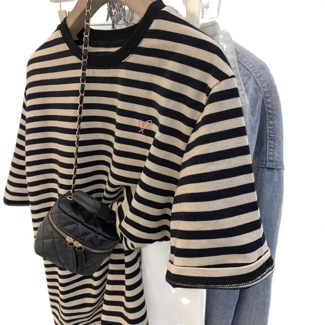 Plus Size 300 Pounds Color Block Striped Short Sleeve TShirt Women Summer Loose round Neck Korean Style Casual Versatile Top 250519