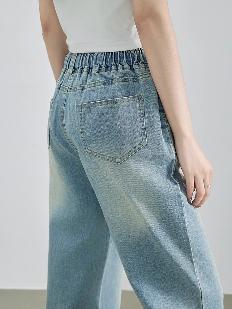 2025 Summer Denim Jean High Elastic Waist Drawstring Bleached Wide Leg Blue Pants Streetwear Trousers 250516Z