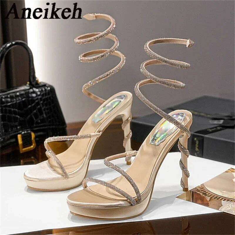 Aneikeh Water Dia Strap Sandals Women's Serpentine Wrapped Sexy Open Toe Thin Heel Waterproof Platform Shoes High Heels