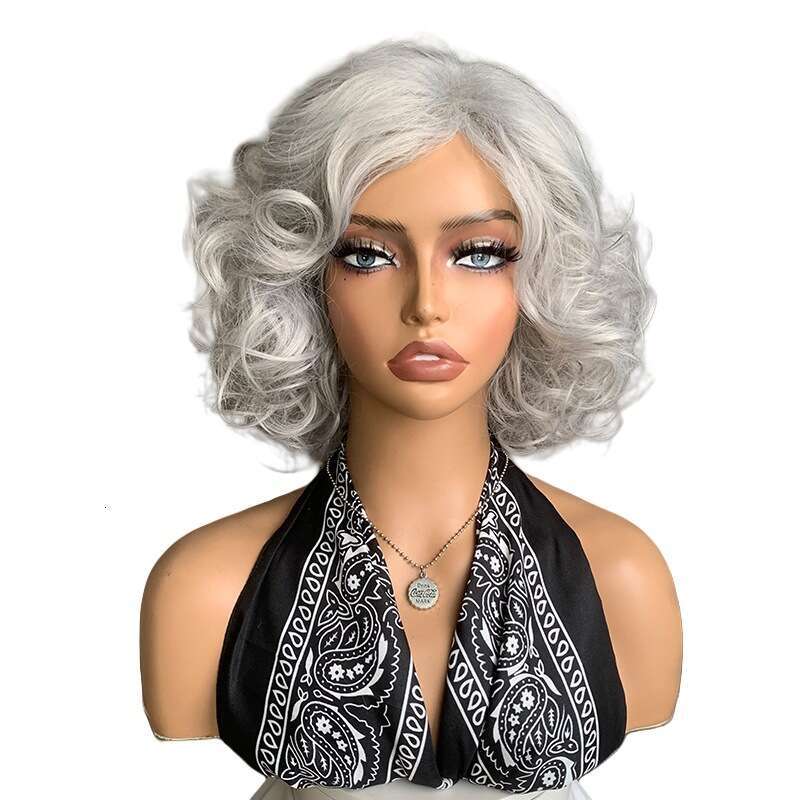 Women's wig New Short Curly Natural Fluffy Sier Mom Hair Fashion Granny Gray Wig Cap