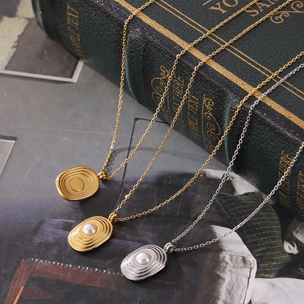 Fashion Necklace Stainless Steel Geometric n Multi Layered Pendant with Pearl Beads Light Style Jewelry for Women 250522