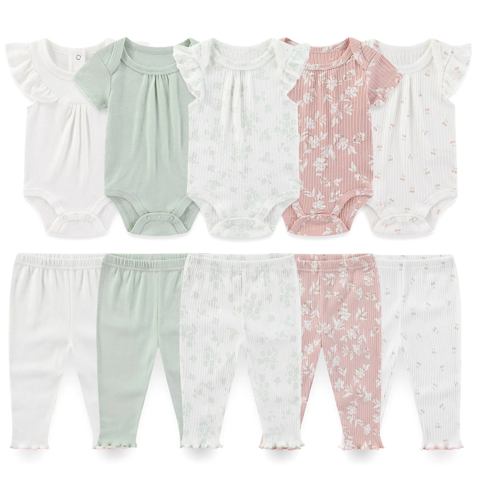 born Unisex BodysuitsPants 6910Pieces Cotton Baby Girl Clothes Sets Sleeveless Cartoon Boy Print Bebes 250528