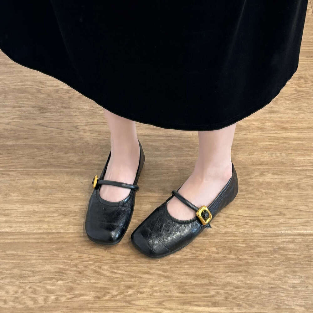 Sheepskin Version ~ Genuine Leather Flat Square Toe Shallow Mouth Mary Jane for Women 2024 New Style One-Strap Versatile Commuter Single Shoes