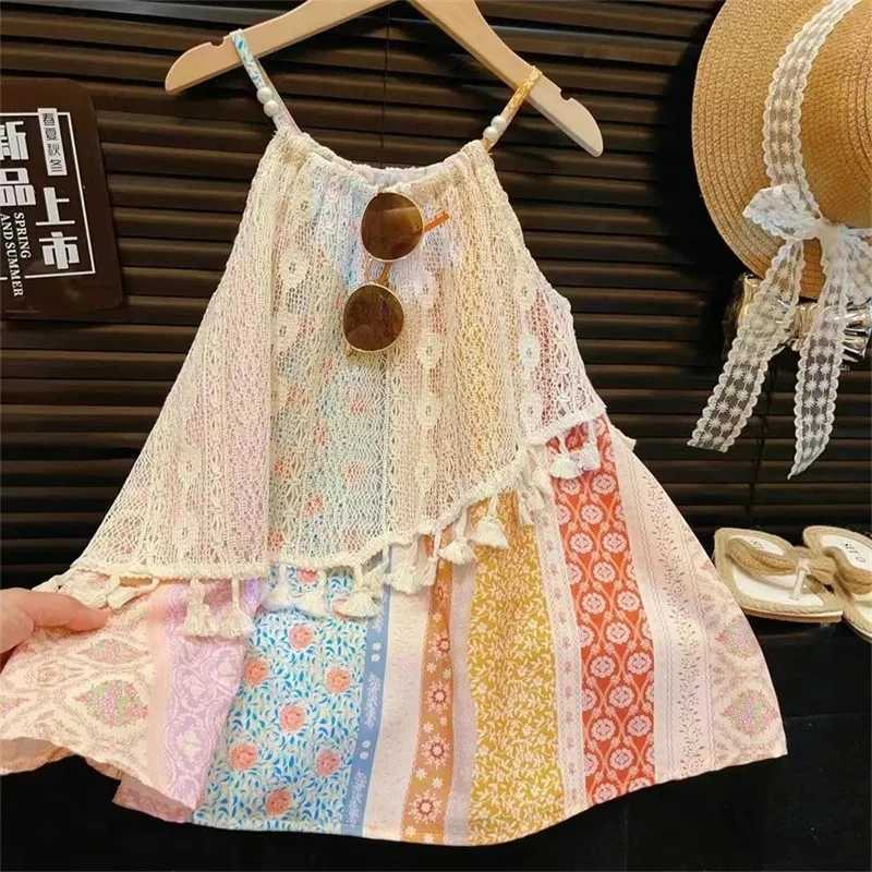 Bear Leader Summer Girls Sweet Dress Tassel Patchwork Printing Loopholes Casual Princess Dress Fashionable Childrens Clothing X250528