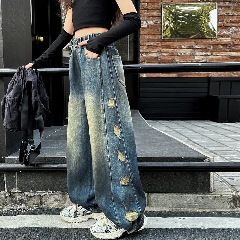 Street Stylish Kids Child Wide Leg Distressed Ripped Jeans with Side Holes for Girls Destroyed Denim Pants Trousers Age 514 250528