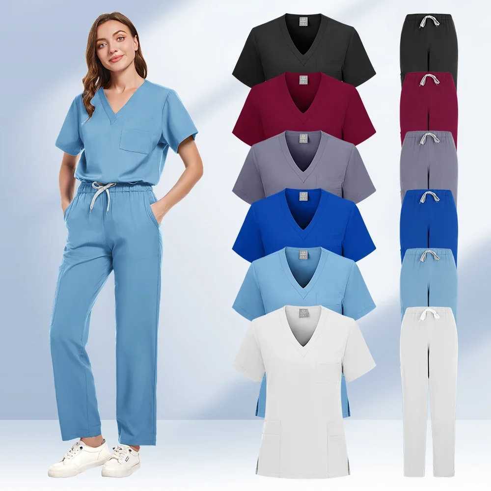 New Scrubs Set Medical Uniforms Stretch Scrub Tops With Pocket Pants Nurse Uniform Doctor Surgery Overalls Beauty Sn Workwear X2505281