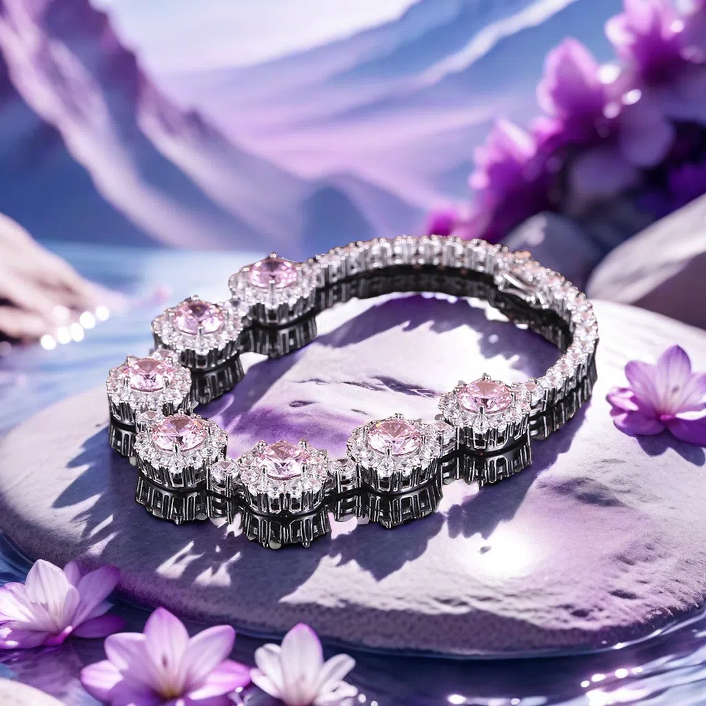 S925 sterling silver 3CT*7 high carbon pink diamond women's bracelet, luxurious inlay, exquisite and fashionable, princess-style bracelet, cross-