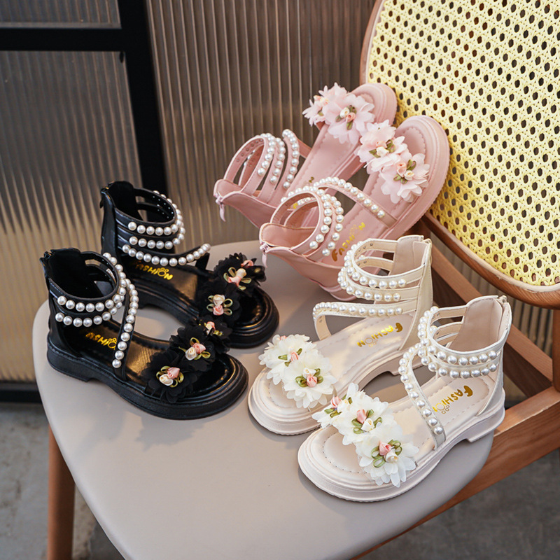 Girl Sandals Summer Toddler Sandals for Girls Fashion Sweet Kidsnest Kids Causal Pearl Roman Sandals Solid Color Sizes US7C-US5Y K0702