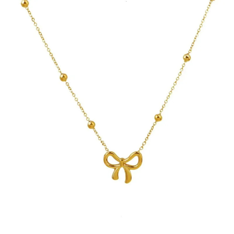 ANENJERY L316 Stainless Steel Beads Chain Hollow Bowknot Pendant Necklace for Women Niche Simple Jewery Accessory 250519