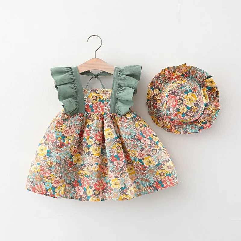 New Summer Girls Little Flying Sleeve Dress Small Floral Hollow Bow After Dew Baby Dress + Hat (0-3 Years Old Girls) X250528