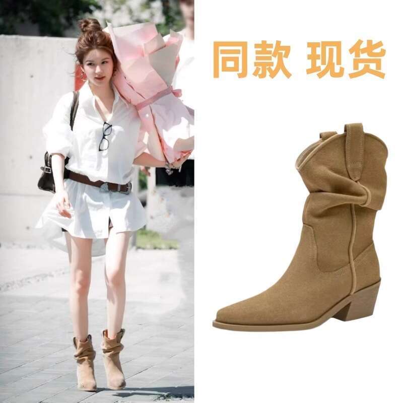 Zhao Lusi Style Slouch Suede Pointed Toe Chunky Heel Western Cowboy 2024 Mid-Calf Martin Women's Short Boots