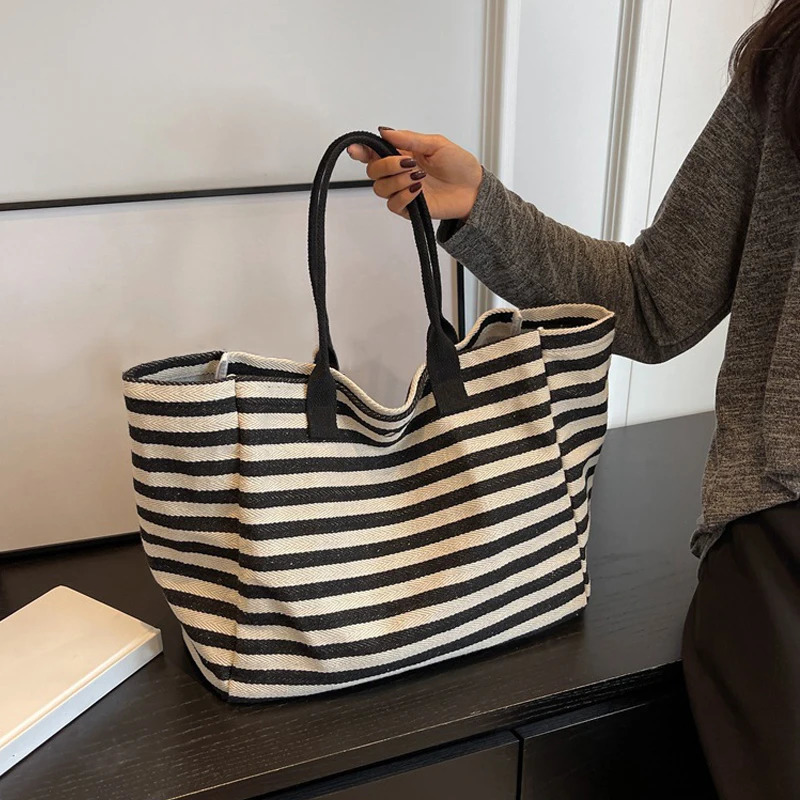 Women Canvas Shoulder Bag Ladies Shopping Bags High Quality Handbags Simple Stripe Tote Books Bag For Girls 250526
