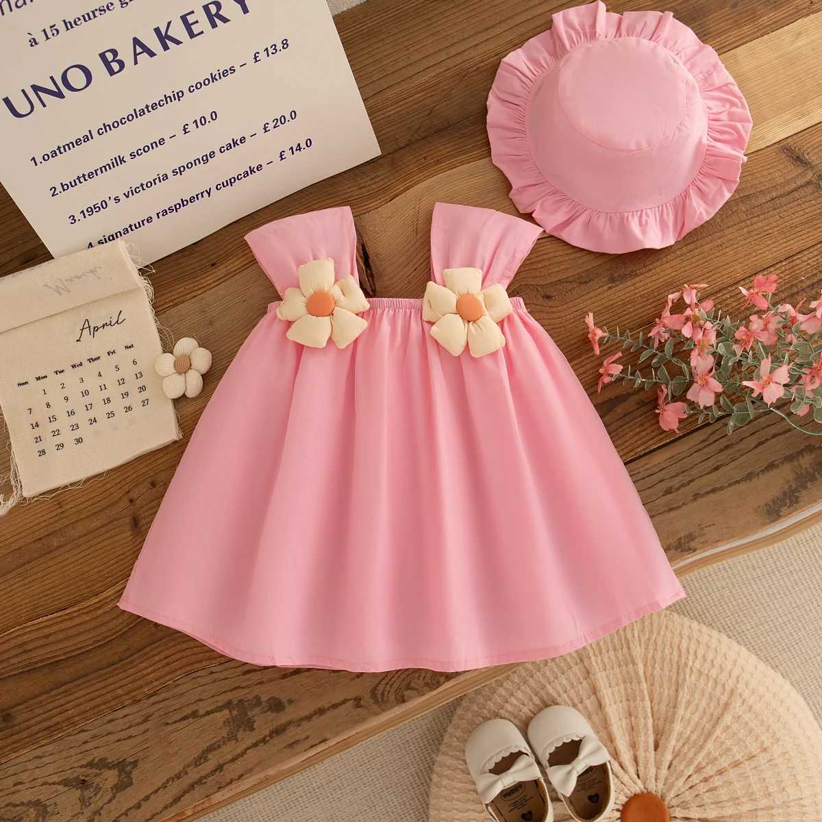 Baby Girl Dress Summer Floral Pattern Solid Color Sling Beach Simple Baby Dresses Cute Casual Baby Girl Dress With Hat X250528