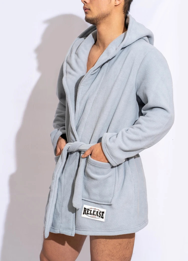 Mens Bathrobe Short Style Thick Comfortable Soft Plush Fleece Solid Color Pajama Casual Home Warm Bath Robes 250526
